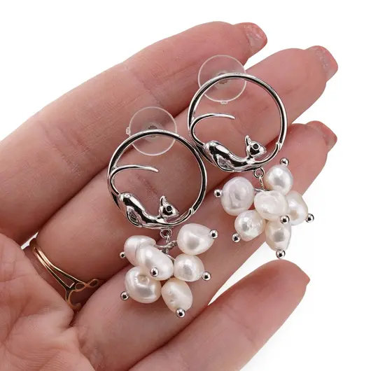 Cercei cu surub rotunzi Perle de Cultura model pisici, argintiu -  35mm, imagine 3