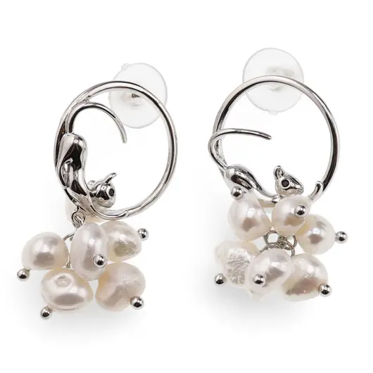 Cercei cu surub rotunzi Perle de Cultura model pisici, argintiu -  35mm