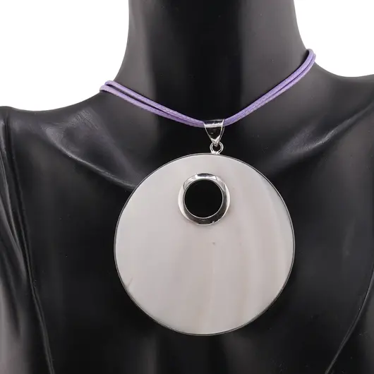 Pandantiv din Sidef alb rotund in montura argintie, 60mm, imagine 2