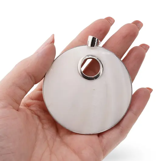 Pandantiv din Sidef alb rotund in montura argintie, 60mm, imagine 3