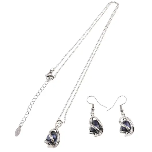 Set cercei si colier Perle de Cultura albastre in montura, 20mm