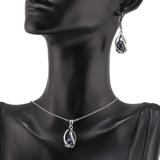 Set cercei si colier Perle de Cultura albastre in montura, 20mm, imagine 2