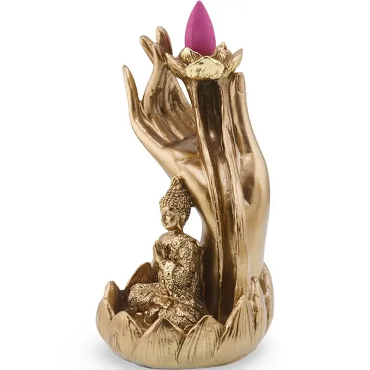 Suport ardere conuri parfumate cascada - backflow, Buddha pe lotus si mana - 14cm, imagine 2