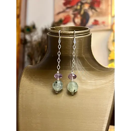 Cercei cu agatatoare Ametist discuri fatetate 10mm si Prehnit sfere fatetate 14mm cu Argint 925, imagine 4