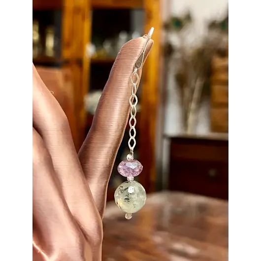 Cercei cu agatatoare Ametist discuri fatetate 10mm si Prehnit sfere fatetate 14mm cu Argint 925, imagine 5