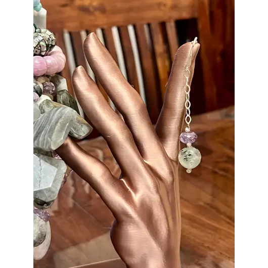 Cercei cu agatatoare Ametist discuri fatetate 10mm si Prehnit sfere fatetate 14mm cu Argint 925, imagine 6