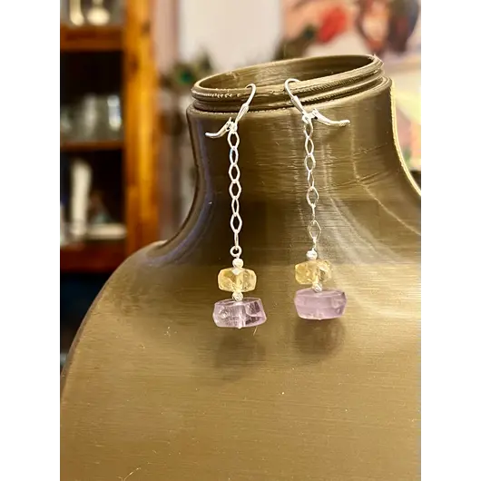 Cercei cu agatatoare Citrin si Ametist discuri fatetate 10-15mm cu Argint 925, imagine 5