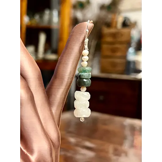 Cercei cu agatatoare Perle de cultura 4mm, Smarald si Piatra Lunii discuri fatetate 9-11mm cu Argint 925, imagine 4