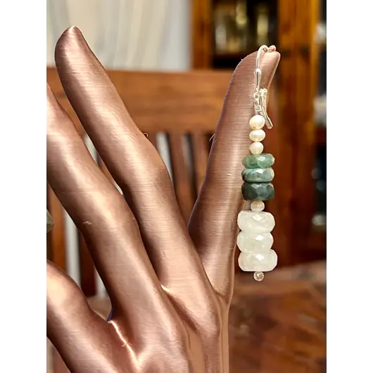 Cercei cu agatatoare Perle de cultura 4mm, Smarald si Piatra Lunii discuri fatetate 9-11mm cu Argint 925, imagine 5