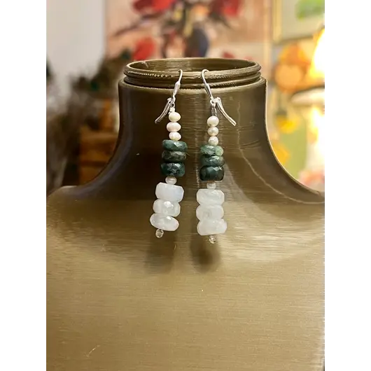 Cercei cu agatatoare Perle de cultura 4mm, Smarald si Piatra Lunii discuri fatetate 9-11mm cu Argint 925, imagine 6