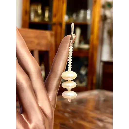 Cercei cu agatatoare Perle de cultura turtite 15mm cu Piatra Lunii discuri 4mm si Argint 925, imagine 4