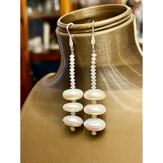 Cercei cu agatatoare Perle de cultura turtite 15mm cu Piatra Lunii discuri 4mm si Argint 925, imagine 5