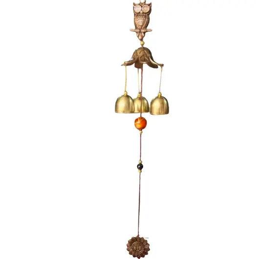 Clopotei de vant din metal cu 3 ramuri, Bufnita pe creanga - 50cm