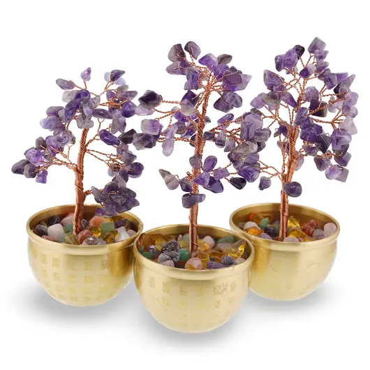 Copac cu cristale naturale de Ametist in bol metalic cu simboluri feng shui - 17cm, imagine 2