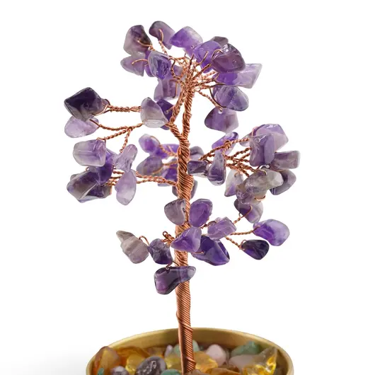 Copac cu cristale naturale de Ametist in bol metalic cu simboluri feng shui - 17cm, imagine 3