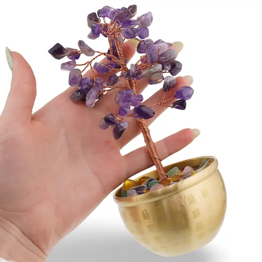 Copac cu cristale naturale de Ametist in bol metalic cu simboluri feng shui - 17cm, imagine 4