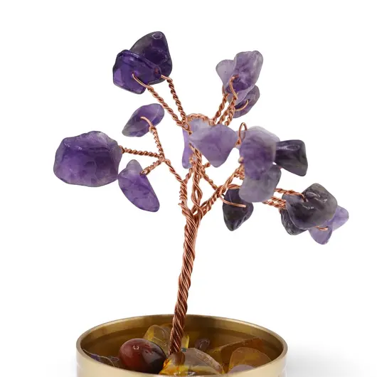 Copac cu cristale naturale de Ametist in bol metalic cu simboluri feng shui - 9cm, imagine 2