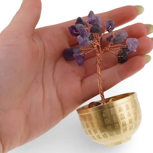 Copac cu cristale naturale de Ametist in bol metalic cu simboluri feng shui - 9cm, imagine 3