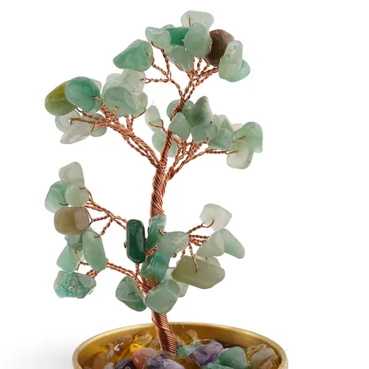 Copac cu cristale naturale de Aventurin in bol metalic cu simboluri feng shui - 17cm, imagine 3