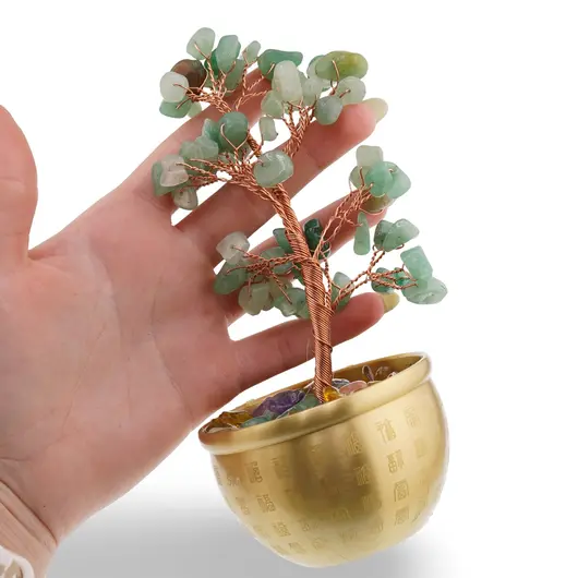 Copac cu cristale naturale de Aventurin in bol metalic cu simboluri feng shui - 17cm, imagine 4