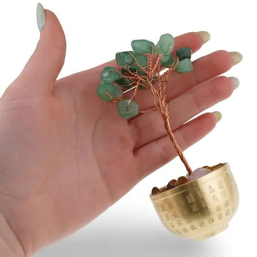 Copac cu cristale naturale de Aventurin in bol metalic cu simboluri feng shui - 9cm, imagine 3