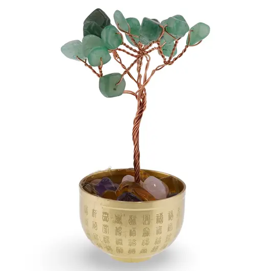 Copac cu cristale naturale de Aventurin in bol metalic cu simboluri feng shui - 9cm