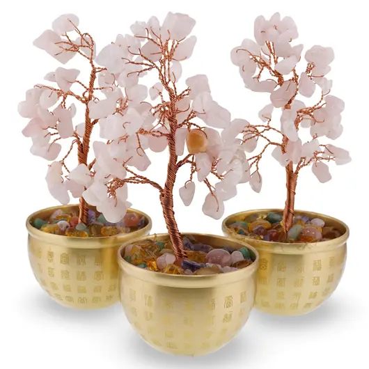Copac cu cristale naturale de Cuart roz in bol metalic cu simboluri feng shui - 17cm, imagine 2