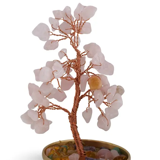 Copac cu cristale naturale de Cuart roz in bol metalic cu simboluri feng shui - 17cm, imagine 3