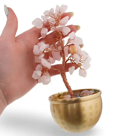 Copac cu cristale naturale de Cuart roz in bol metalic cu simboluri feng shui - 17cm, imagine 4