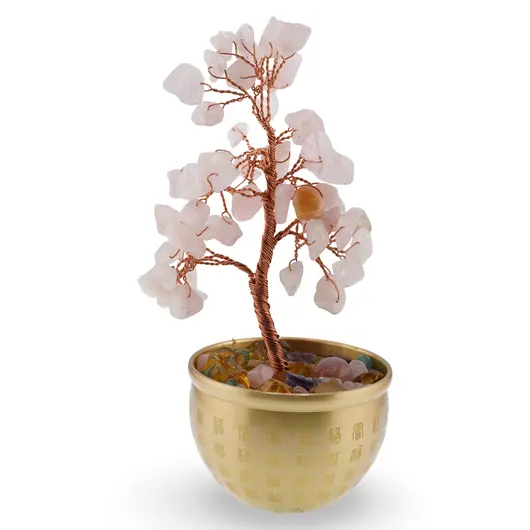 Copac cu cristale naturale de Cuart roz in bol metalic cu simboluri feng shui - 17cm