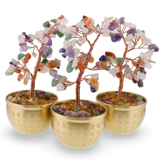 Copac cu Mix de cristale naturale in bol metalic cu simboluri feng shui - 17cm, imagine 2