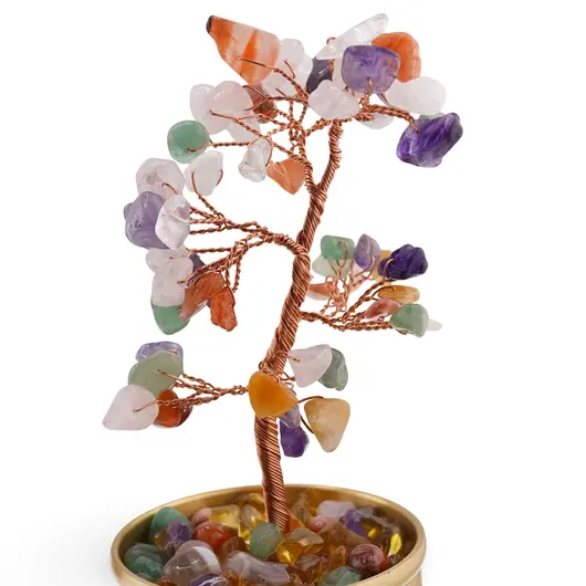 Copac cu Mix de cristale naturale in bol metalic cu simboluri feng shui - 17cm, imagine 3