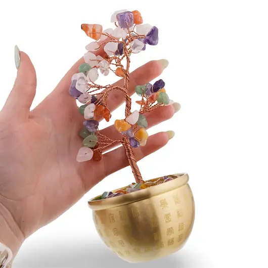 Copac cu Mix de cristale naturale in bol metalic cu simboluri feng shui - 17cm, imagine 4