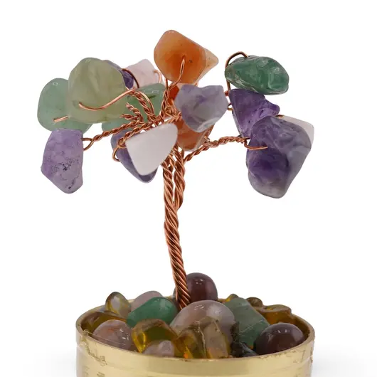 Copac cu Mix de cristale naturale in bol metalic cu simboluri feng shui - 9cm, imagine 2