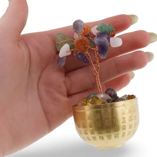 Copac cu Mix de cristale naturale in bol metalic cu simboluri feng shui - 9cm, imagine 3