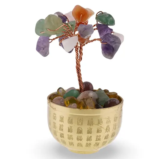 Copac cu Mix de cristale naturale in bol metalic cu simboluri feng shui - 9cm