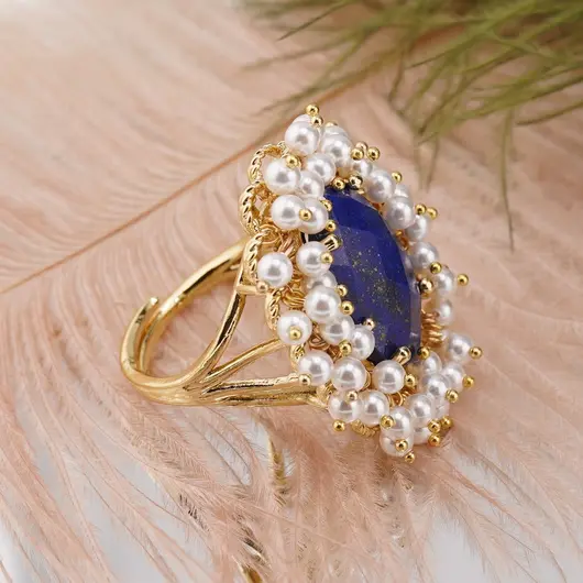 Inel reglabil cu Lapis Lazuli fatetat si perle, auriu, imagine 2