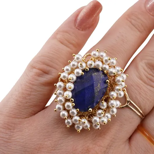 Inel reglabil cu Lapis Lazuli fatetat si perle, auriu, imagine 3