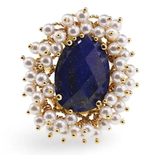 Inel reglabil cu Lapis Lazuli fatetat si perle, auriu