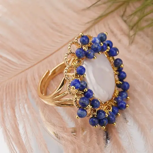 Inel reglabil cu perla de cultura rotunda si Lapis lazuli, auriu, imagine 2