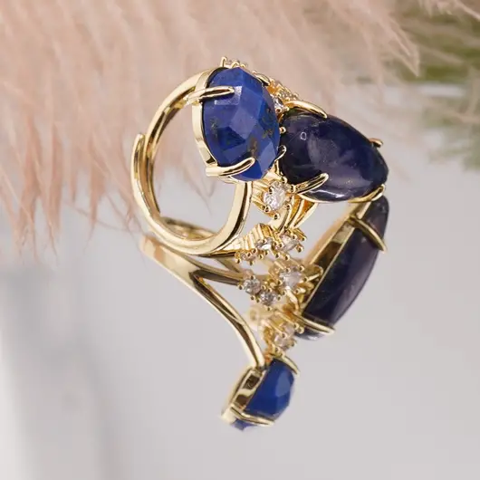 Inel reglabil statement dublu cu Lapis Lazuli si zirconii, auriu, imagine 2