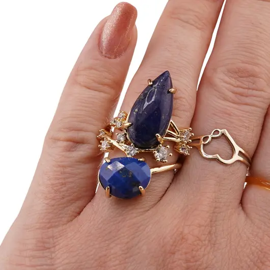 Inel reglabil statement dublu cu Lapis Lazuli si zirconii, auriu, imagine 3