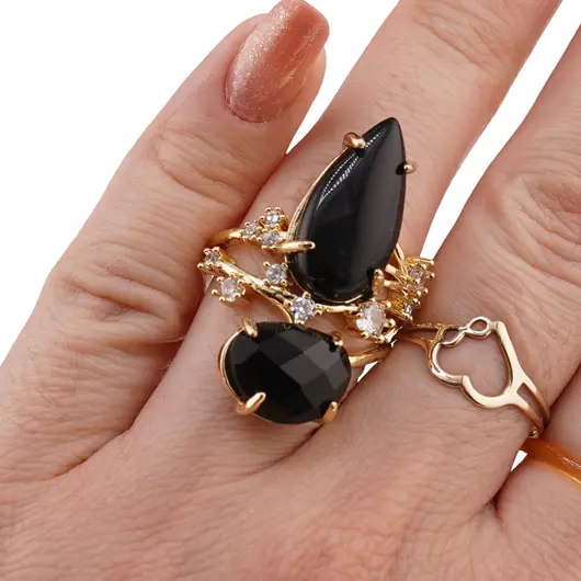 Inel reglabil statement dublu cu Obsidian negru si zirconii, auriu, imagine 3