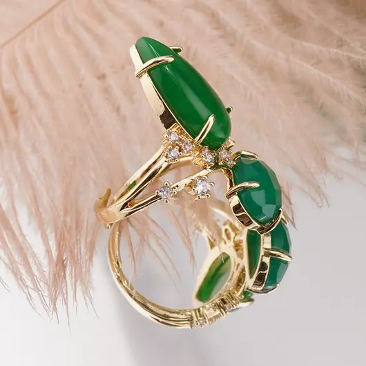 Inel reglabil statement dublu cu Onix verde si zirconii, auriu, imagine 2