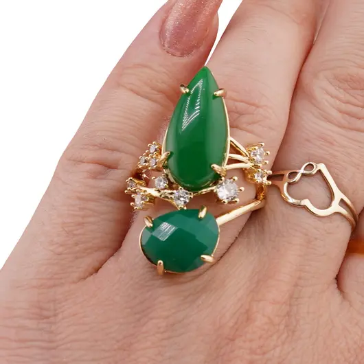 Inel reglabil statement dublu cu Onix verde si zirconii, auriu, imagine 3