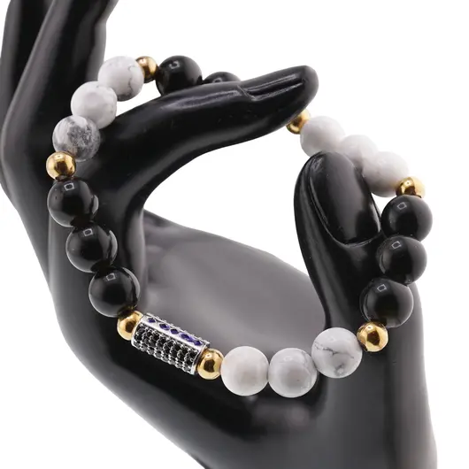 Bratara pentru barbati Obsidian auriu, Howlit sfere 8mm si elemente din inox auriu si argintiu pe elastic, imagine 3