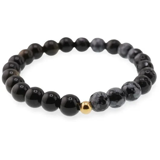 Bratara pentru barbati Obsidian auriu sfere si Obsidian fulg de nea sfere fatetate 8mm pe elastic, imagine 2