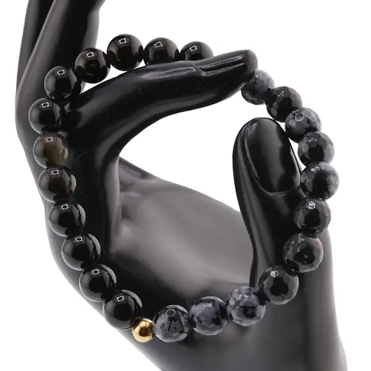 Bratara pentru barbati Obsidian auriu sfere si Obsidian fulg de nea sfere fatetate 8mm pe elastic, imagine 3