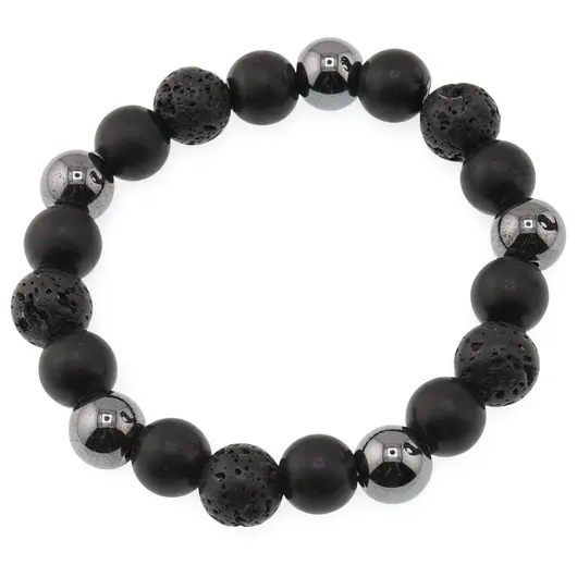Bratara pentru barbati Onix mat, Roca vulcanica si Hematit sfere 10mm pe elastic