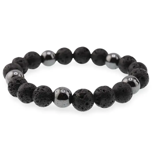 Bratara pentru barbati Roca vulcanica si Hematit sfere 10mm pe elastic, imagine 2
